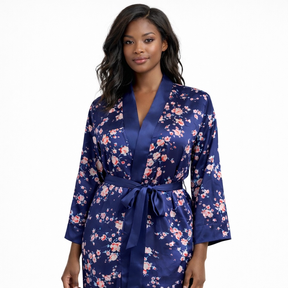 MORGAN LANE Navy Floral Satin Robe|S/M